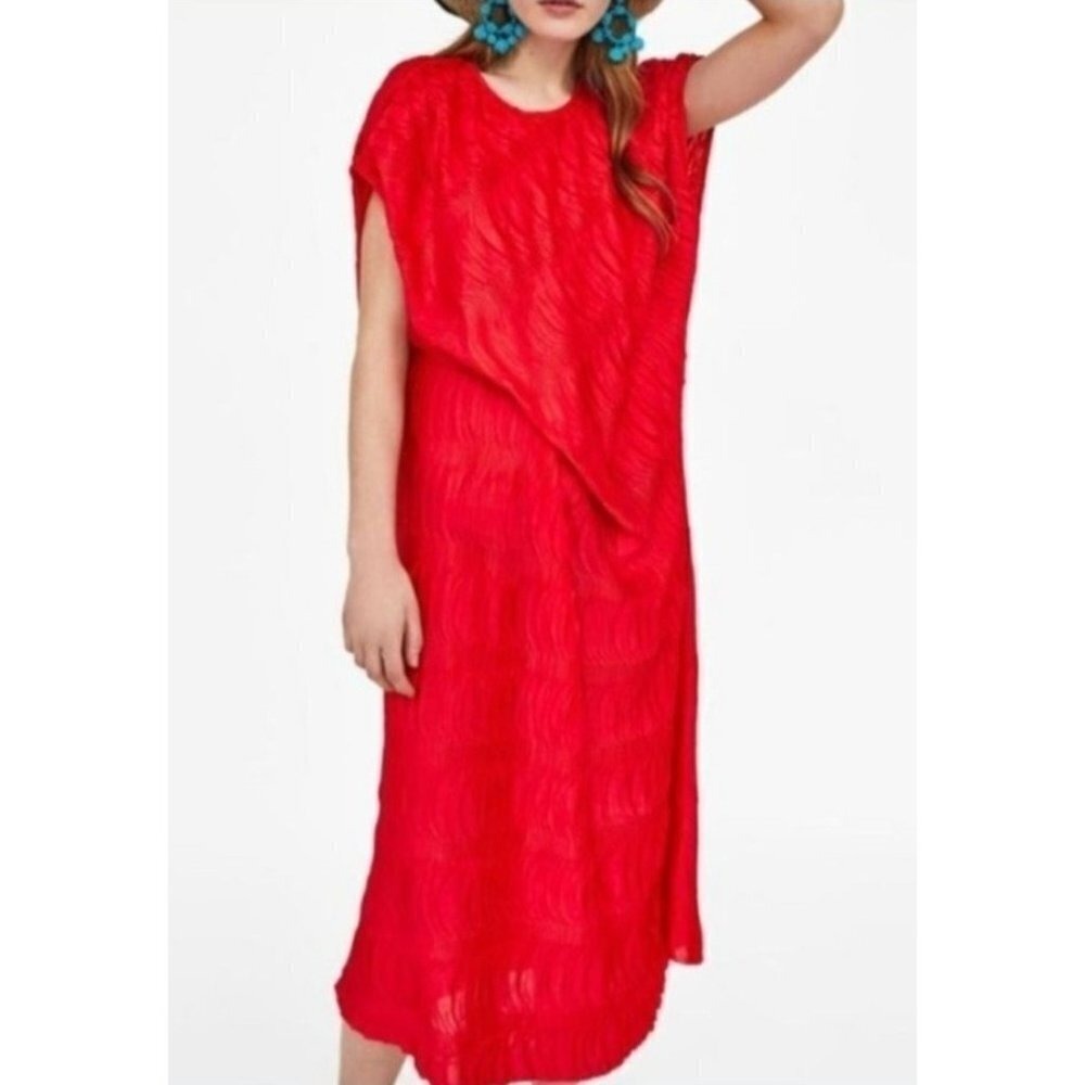 Zara Pleated Boho Ruffle Satin Shirt Dress Size L Lagenlook Oversized Artsy